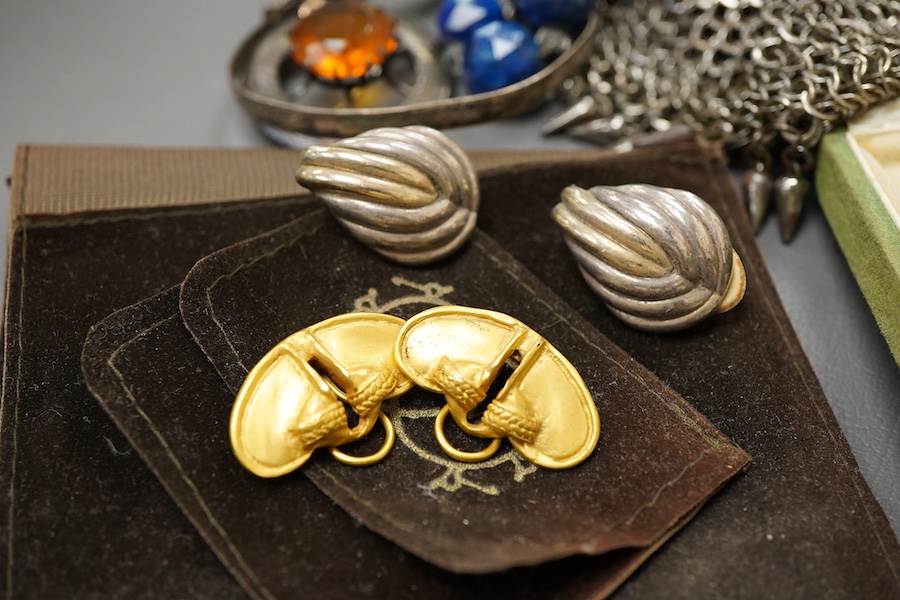 A collection of jewels, comprising: an early 20th century ruby, diamond and seed pearl stick pin, stamped 15ct, length 5.9cm, gross weight approximately 1.5 grams, one diamond deficient; together with a pair of ear clips